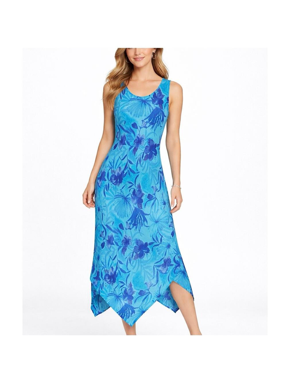 VTG American Angel Blue Floral Rayon Midi Dress Asymmetrical Hem Summer Y2K M